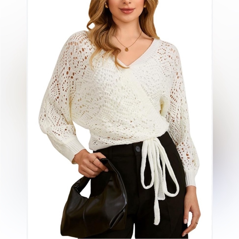 Off White or Milky White Knit Semi Sheer Wrap Sweater - Decorative Side Tie - Picture 8 of 13